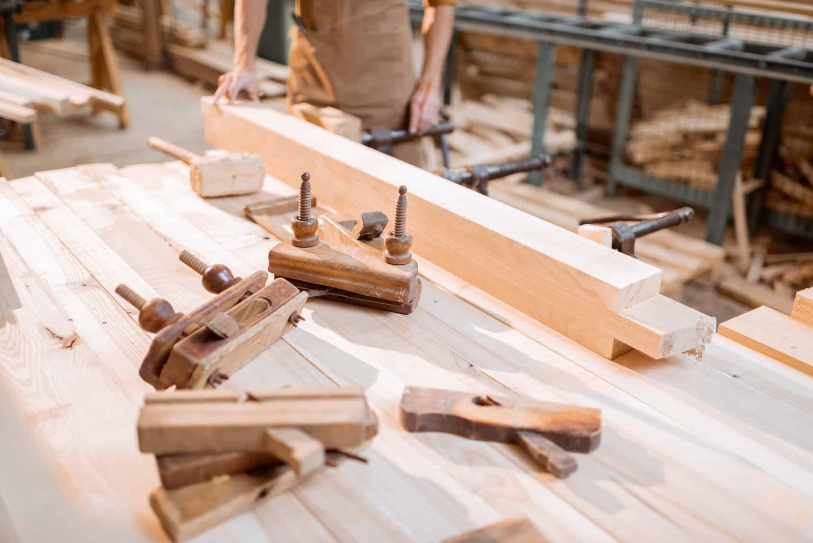 Workbench with vintage carpentry tools